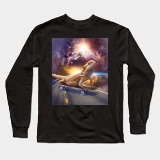 Bearded Dragon Lizard On Skateboard In Space Long Sleeve T-Shirt